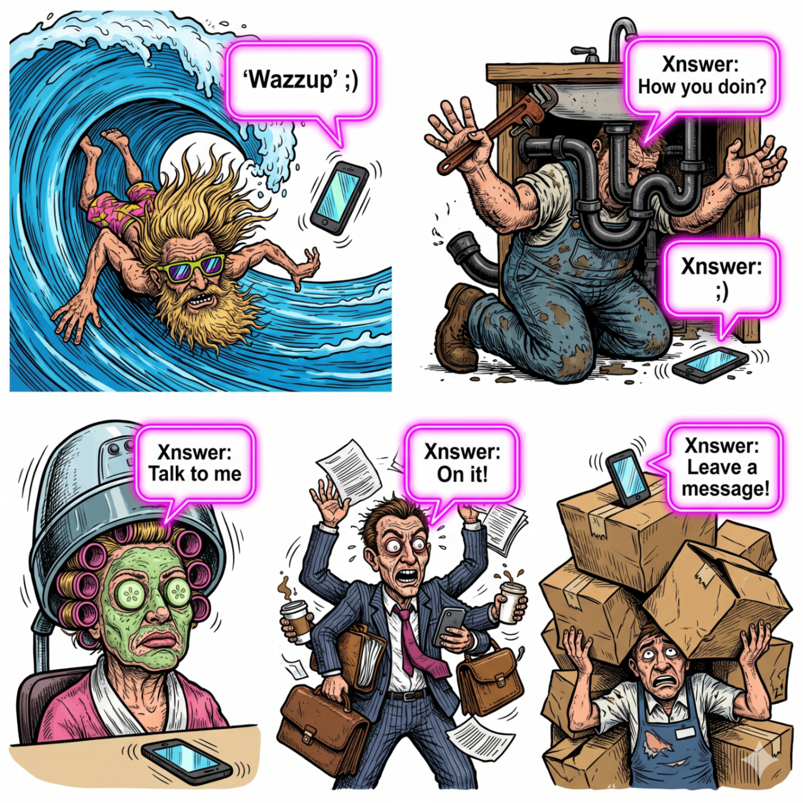 Stereotypical characters too busy to answer their phones — saved by Xnswer