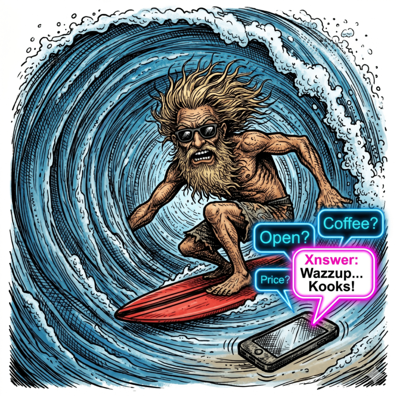 Surfer riding a wave while Xnswer handles their missed calls