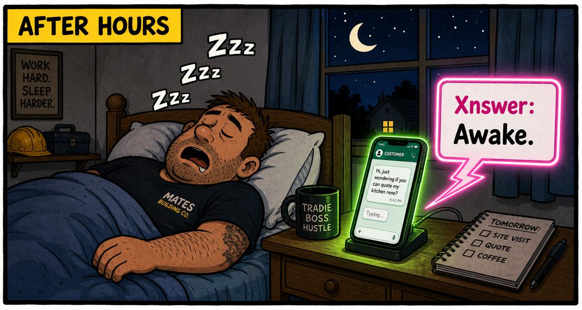 Cartoon of a tradie asleep while his phone glows and texts back a customer overnight.