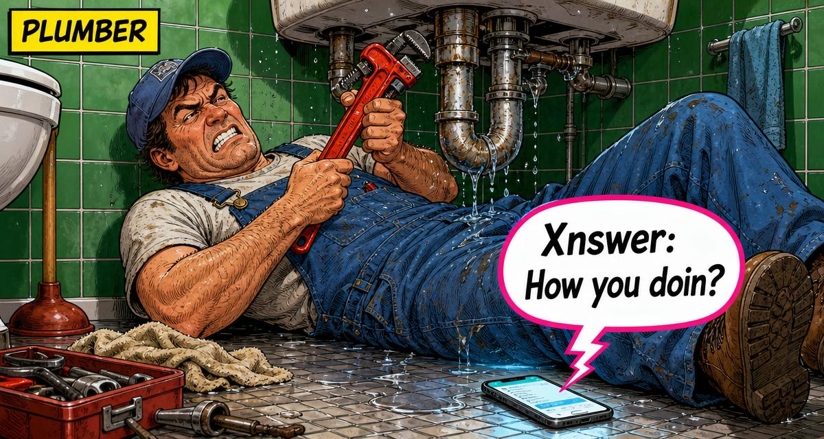 Cartoon plumber holding a wrench while his phone answers the call for him.