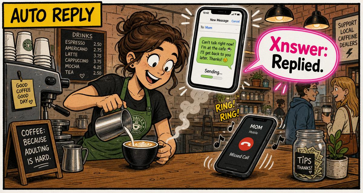Cartoon of a busy barista whose phone auto-replies to a missed call.