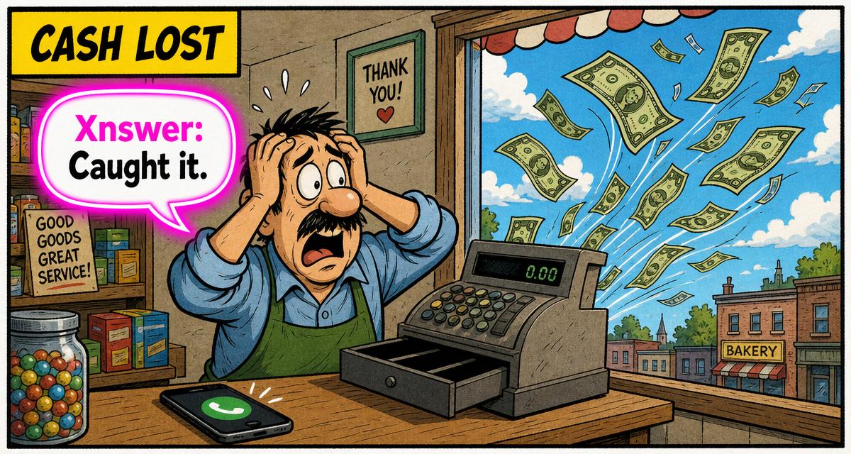 Cartoon of a shopkeeper watching cash fly out the window with an Xnswer speech bubble reading 'Caught it.'