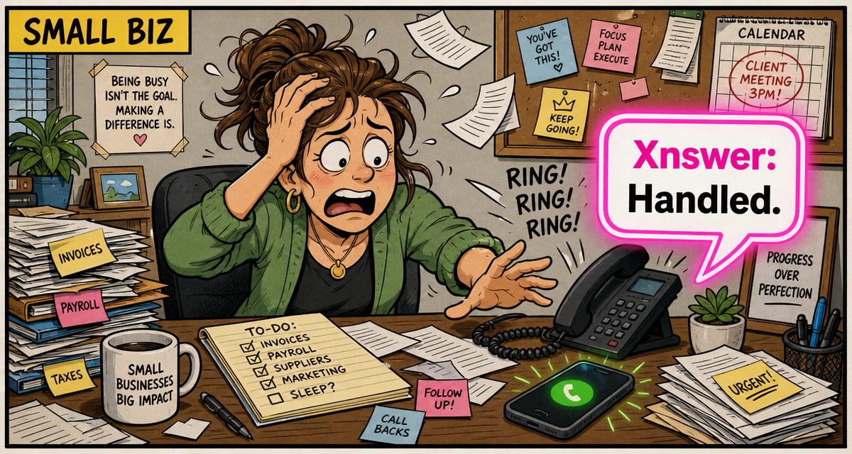 Cartoon of an overwhelmed small-business owner with a bright Xnswer speech bubble reading 'Handled.'