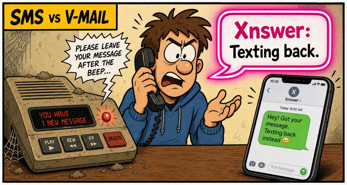 Cartoon of a frustrated caller stuck on a dusty voicemail machine while a bright phone texts back.